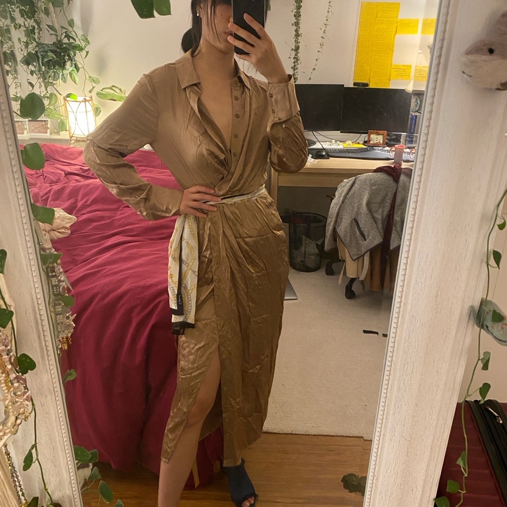 Reformation Satin Wrap Shirt Dress - Tan